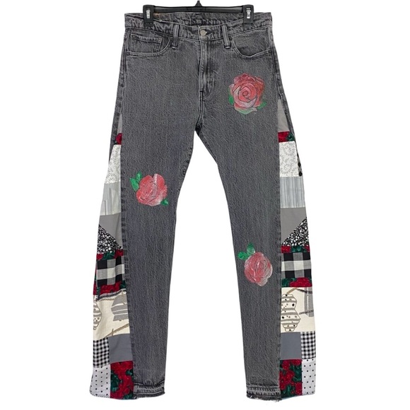 Levis Upcycled Jeans Waist 27 28 Womens Size Small Levi’s Patchwork Roses Retro - Picture 1 of 16